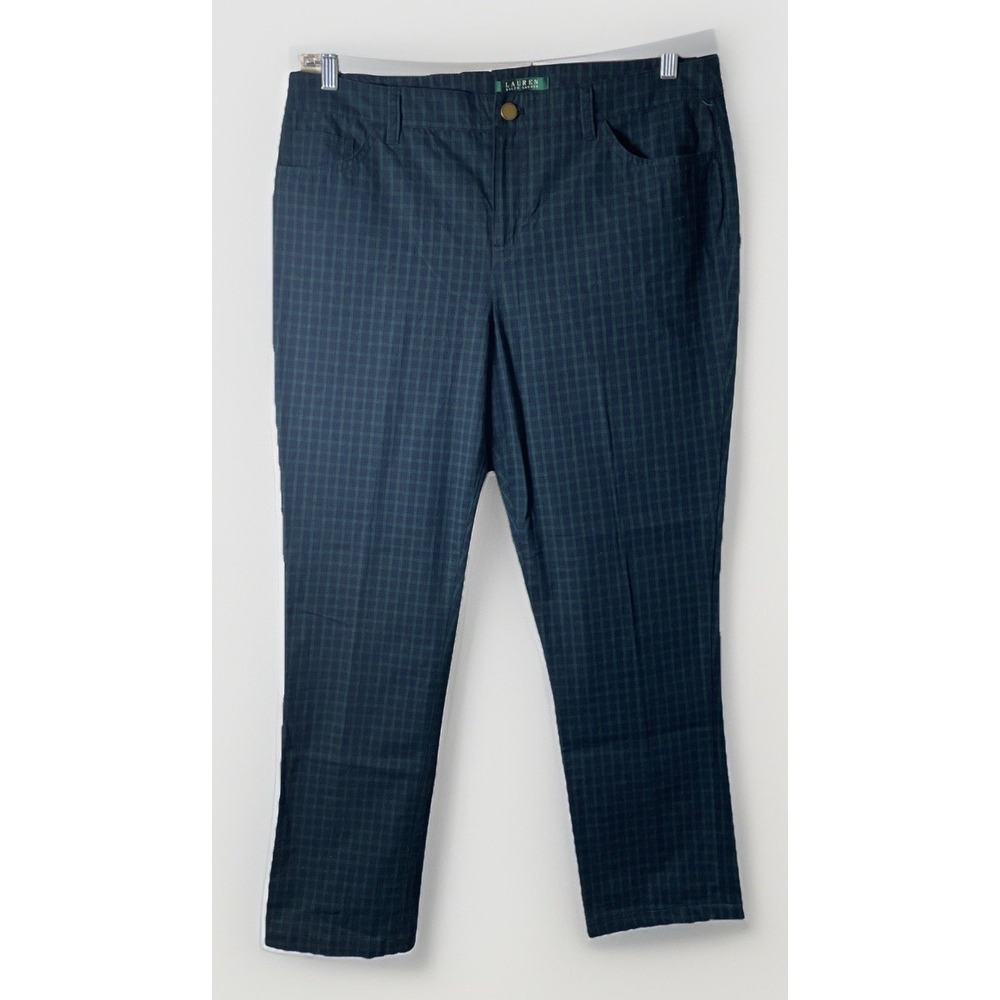 Lauren Ralph Lauren Pants Women Size 14 Chino Plaid Green Blue Cotton Classic